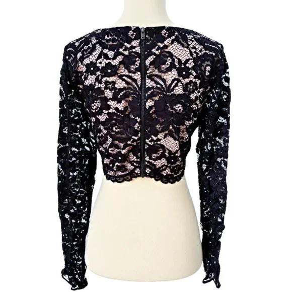 Black Lace Lined Crop Top with Long Unlined Lace Sleeves in size 10 - Picture 2 of 2